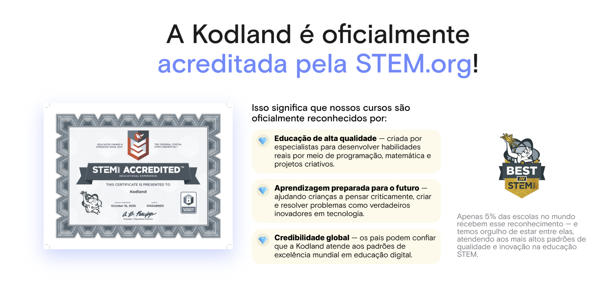 A Kodland é oficialmente acreditada pela STEM.org: educação de alta qualidade, aprendizagem preparada para o futuro e credibilidade global