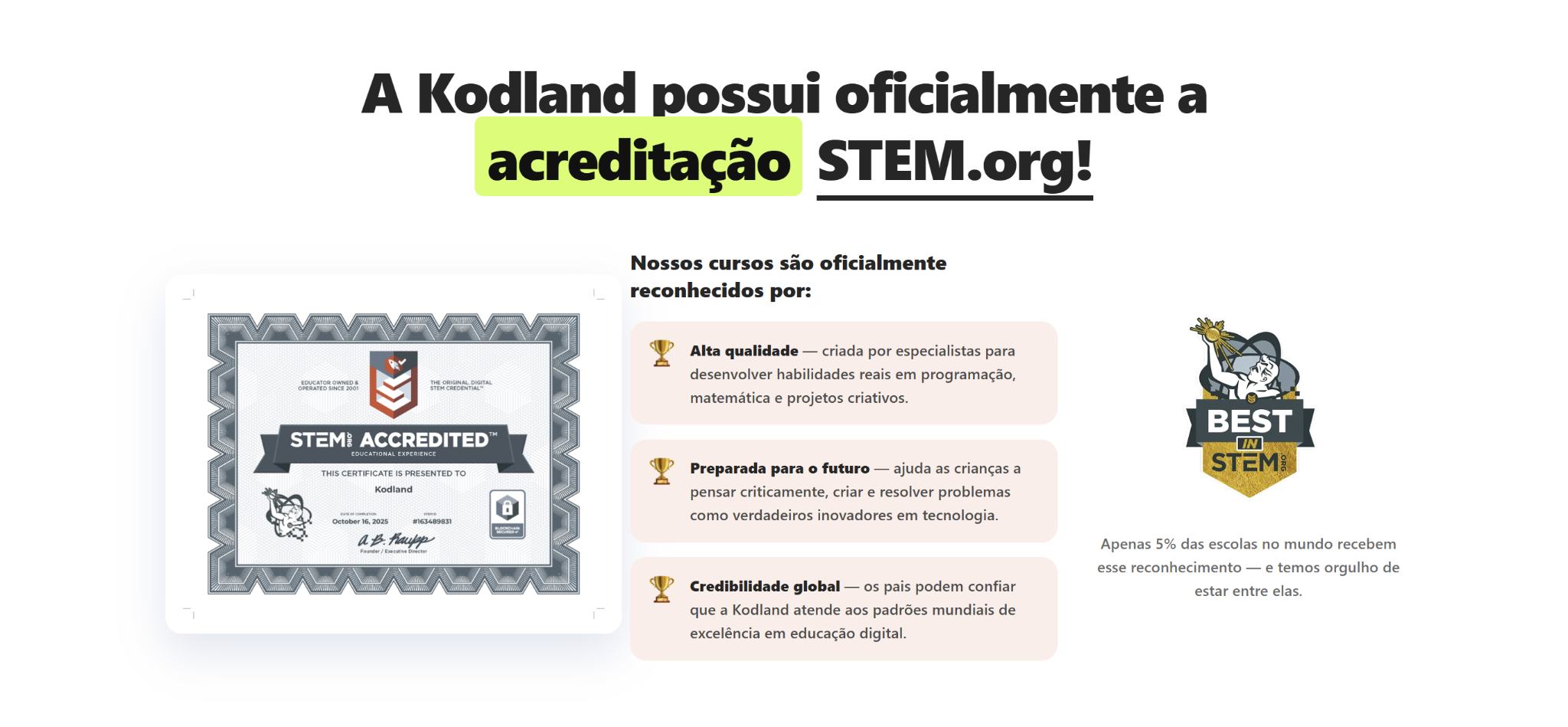 A Kodland é oficialmente acreditada pela STEM.org: educação de alta qualidade, aprendizagem preparada para o futuro e credibilidade global